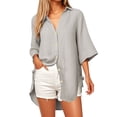thumbnail image 2 of vigerkar Women Casual V Neck 3/4 Sleeve Button Down Shirts High Low Oversized Summer Beach Blouse Tops for Women Khaki, XXL, 2 of 6