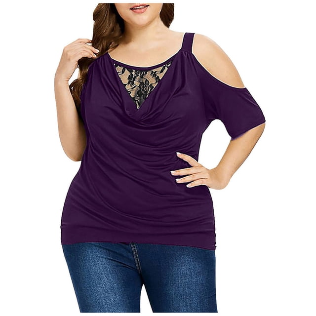 Jgppe Womens Plus Size Cold Shoulder Blouse Cowl Neck Lace Patchwork Stretchy Solid Color Casual Summer Tops