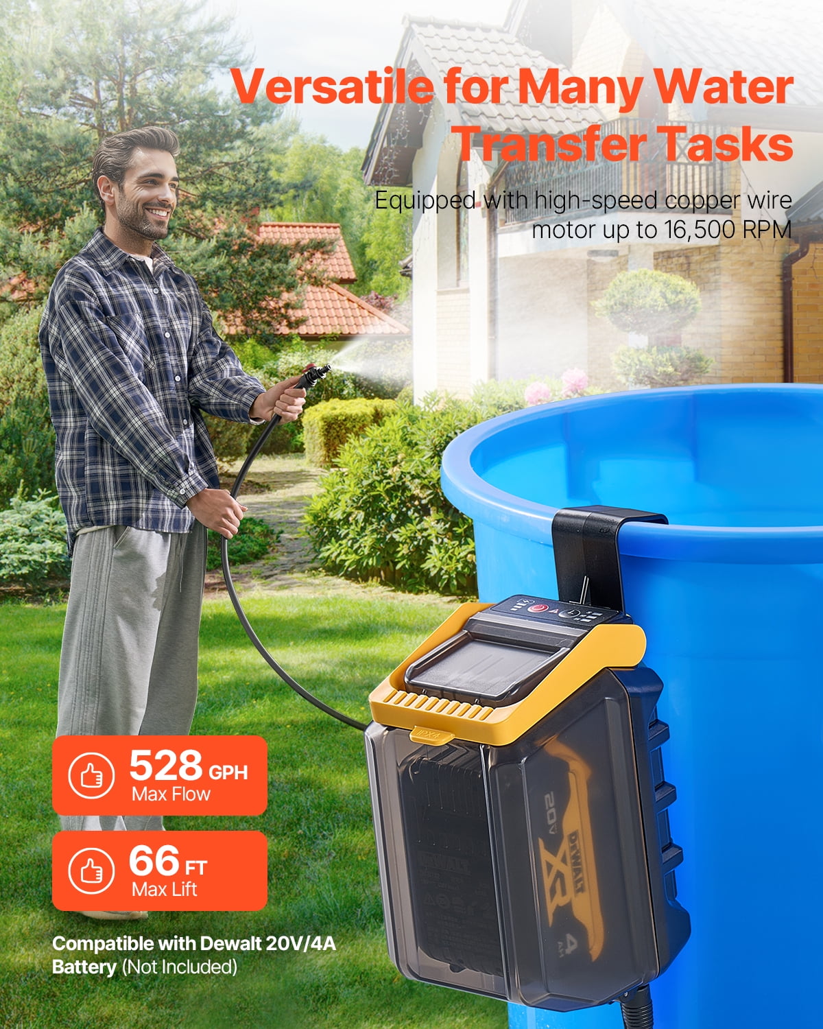 VEVOR Cordless Submersible Water Transfer Pump, 528GPH, Portable Sump Pump with G3/4" Garden Hose, Compatible with Dewalt 20V MAX Battery (No Battery), Electric Utility Pump for Pool, Garden, Pond