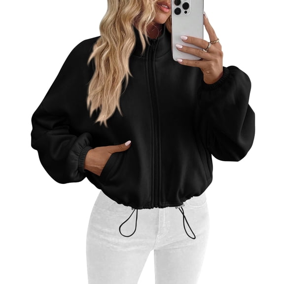 PRETTYGARDEN Womens Zip Up Fleece Cropped Sweatshirt Jacket Oversized Loose Soft Stand Collar with Drawstring Hem, Long Sleeve Casual Coat With Pockets, Fall Outfits Winter Clothing