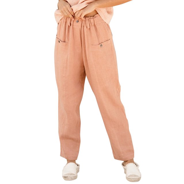Pantalones casuales de mujer Color puro botón cintura elástica pantalones largos sueltos para mujer para uso diario al aire libre Rosa XL