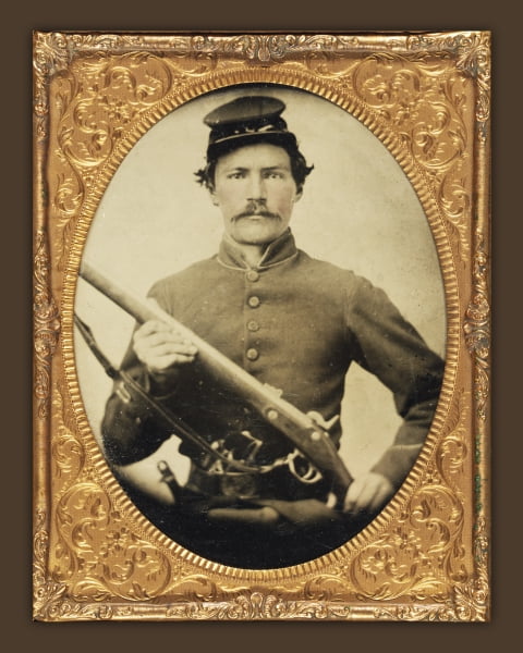 Print: Civil War Soldier In Union Uniform With Musket And Revolver 