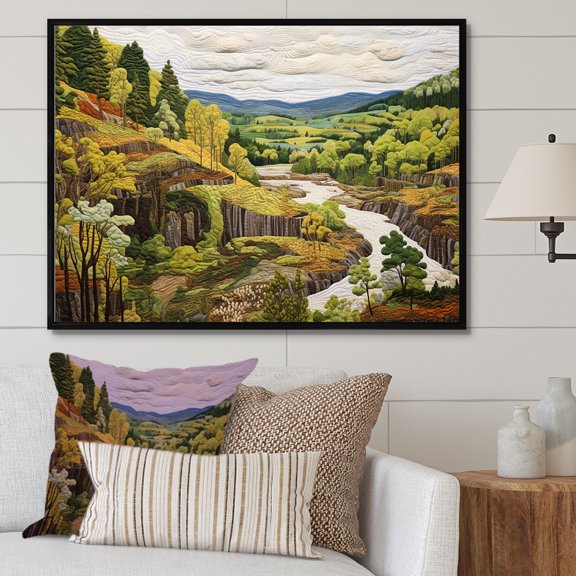 Designart "Pastoral Green Wonders" Landscape Mountains River Floater Framed Canvas Wall Art