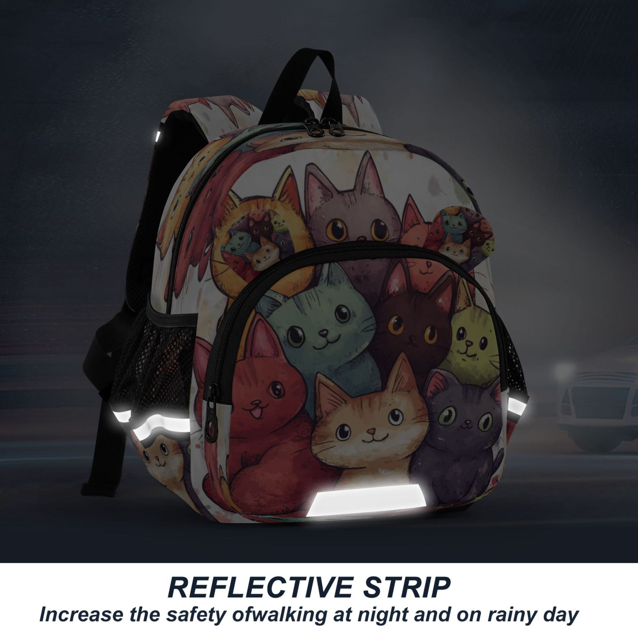 RMDQTR Adorable Ear-Print Backpack with Reflective Strip and Anti-Lost Leash Adjustable Shoulder Straps Mini Travel Backpack Colorful Comic Style Cats