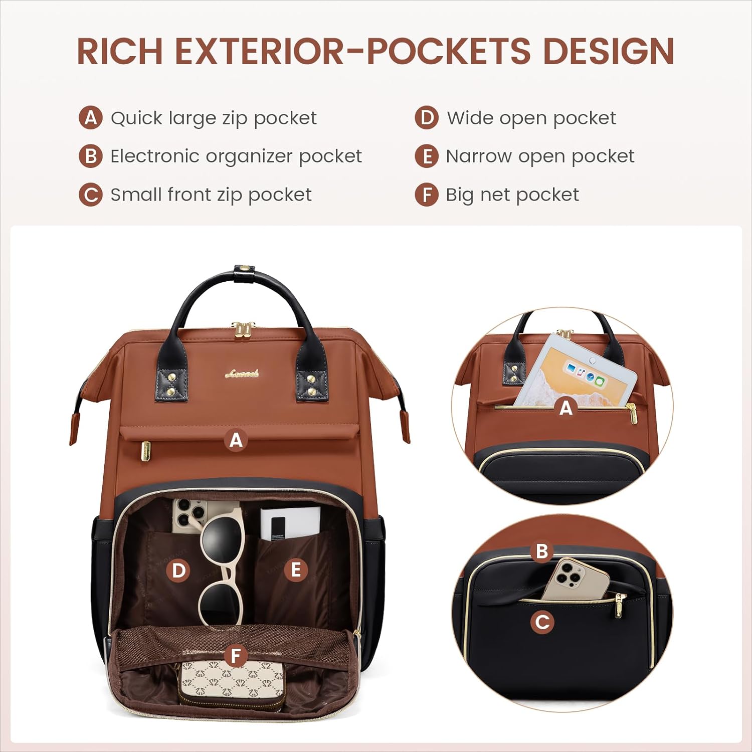 LOVEVOOK Leather Laptop Backpack for Women, 17 inch Professional Work & Travel Bag, Brown