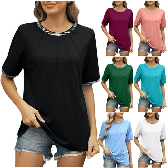 Stylish Olyvenn Women's Short Sleeves T-Shirt Tops Fashion Front Wrinkles Crewneck Dressy Casual Shirts Slim Tees Basic Shirt Tops Black 20-22