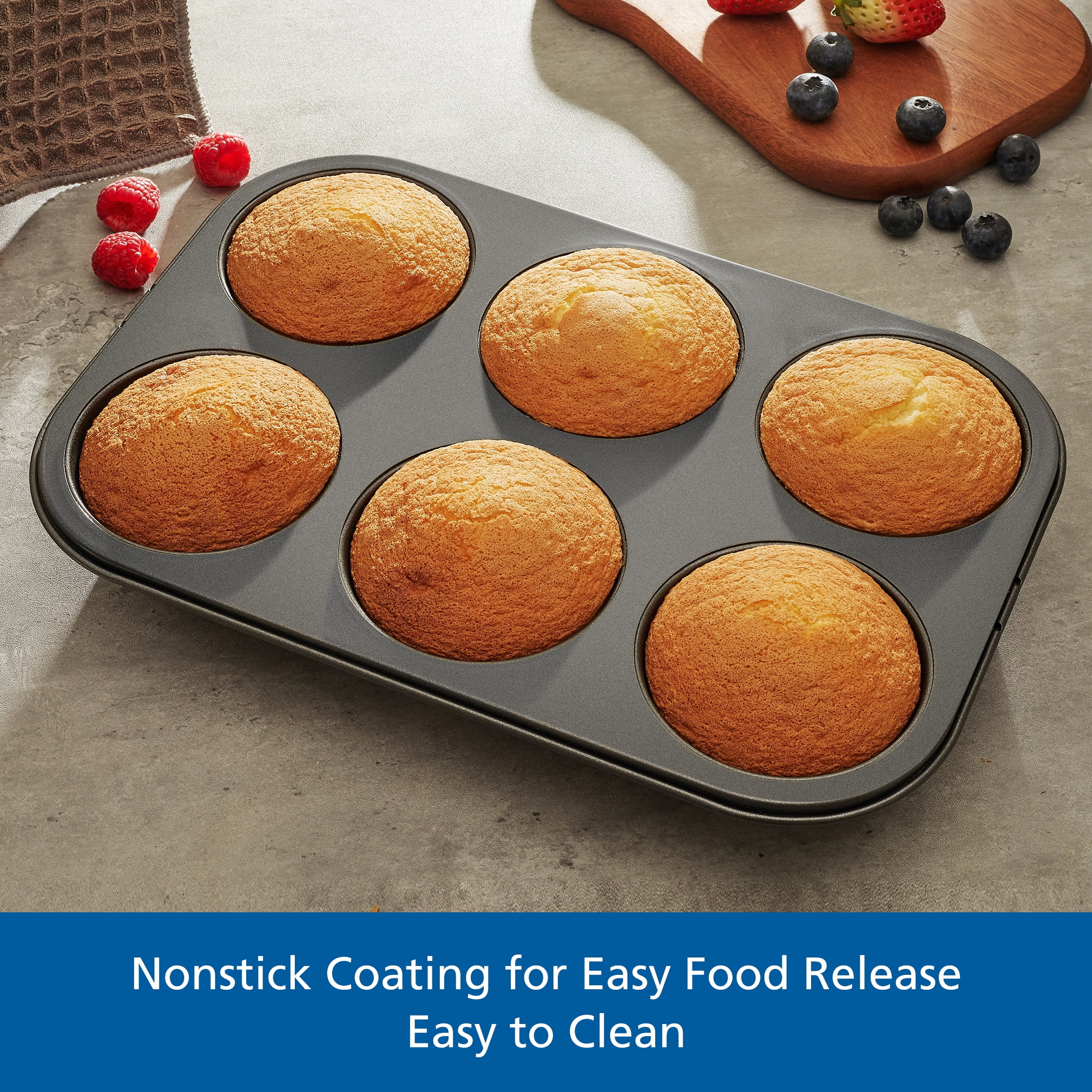 (3 pack) Mainstays 6 Cup Jumbo Muffin Pan, Non-Stick Bakeware,3.4 inch Diameter Cups,Gray,Carbon Steel