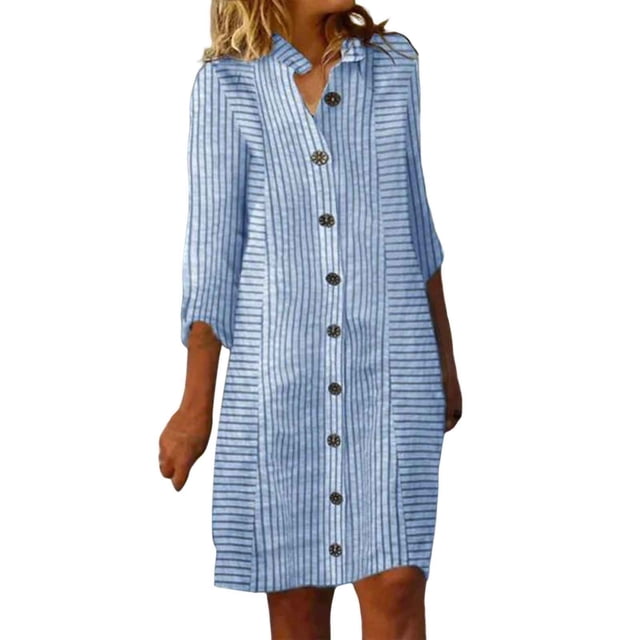 Kcodviy Robe Polyvalente à Rayures pour Femmes, Robe d'Été Décontractée à Boutons, Robe Midi Ample à Rayures, Robe Chemise