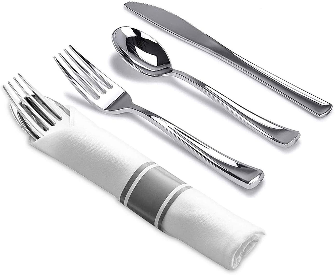 Nicole Fantini's LILLIAN Pre-Rolled Silver-polished 40 Pieces Extra Heavy Weight Full Size Cutlery Wrapped in & Linen-Like Napkin for individual guests for Elegant & Stylish Parties: 1 Pack
