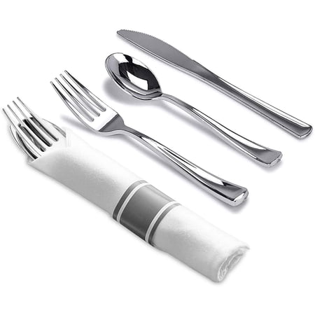 Nicole Fantini s LILLIAN Pre-Rolled 240 Pieces Silver-polished Extra Heavy Weight Full Size Cutlery Wrapped in & Linen-Like Napkin for individual guests for Elegant & Stylish Parties: 6 Packs
