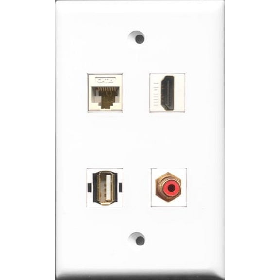 RiteAV 1 Port HDMI and 1 Port RCA Red and 1 Port USB A-A and 1 Port Cat6 Ethernet White Wall Plate