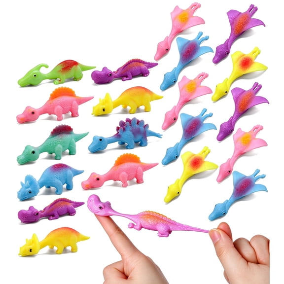 20 Pcs Dinosaur Party Favors, Treasure Box Toys, Pinata Stuffers for Kids | Slingshot Dinosaur Finger Toys, Classroom Prizes, Flying Sticky Rubber Dino Fidget Toys, Funny Gag Gifts for Boys Girls