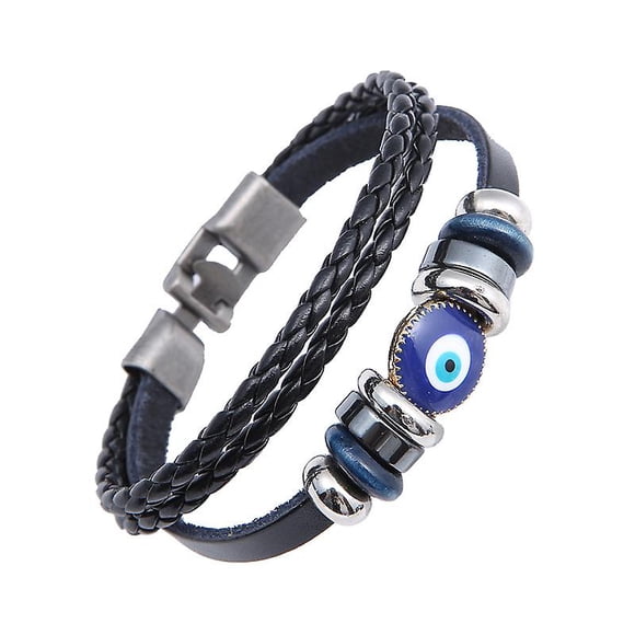Multi-Layer Evil Eye Leather Bracelet for Men Ethnic Wristband Weave Leather Bangle Bracelet Protection Jewelry