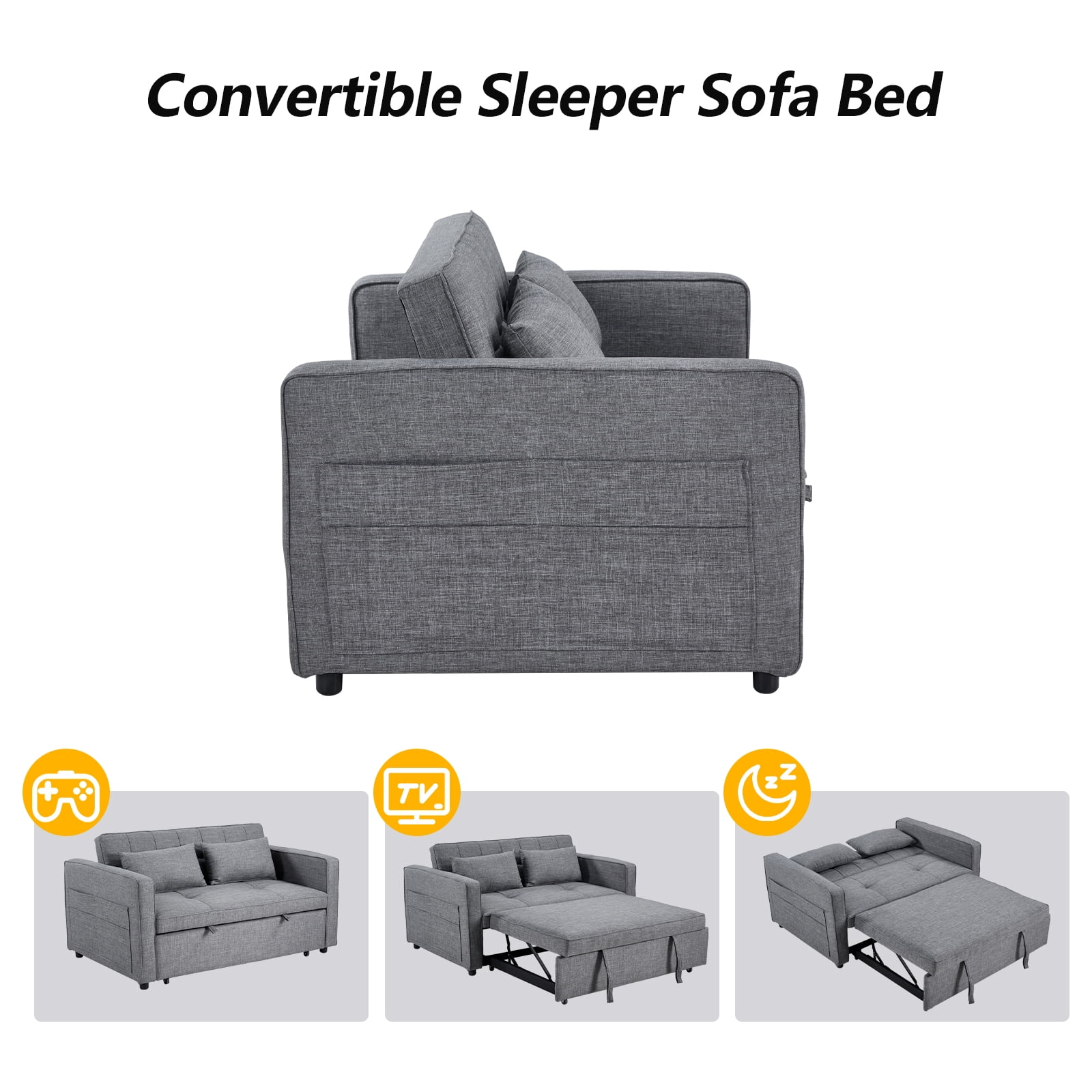 Bonzy Home Folding Convertible Loveseat Sofa Bed, Gray - 3-in-1 Pull Out Couch with Adjustable Backrest, Multi-Functional Sleeper Sofa for Living Room, Apartment, Small Space