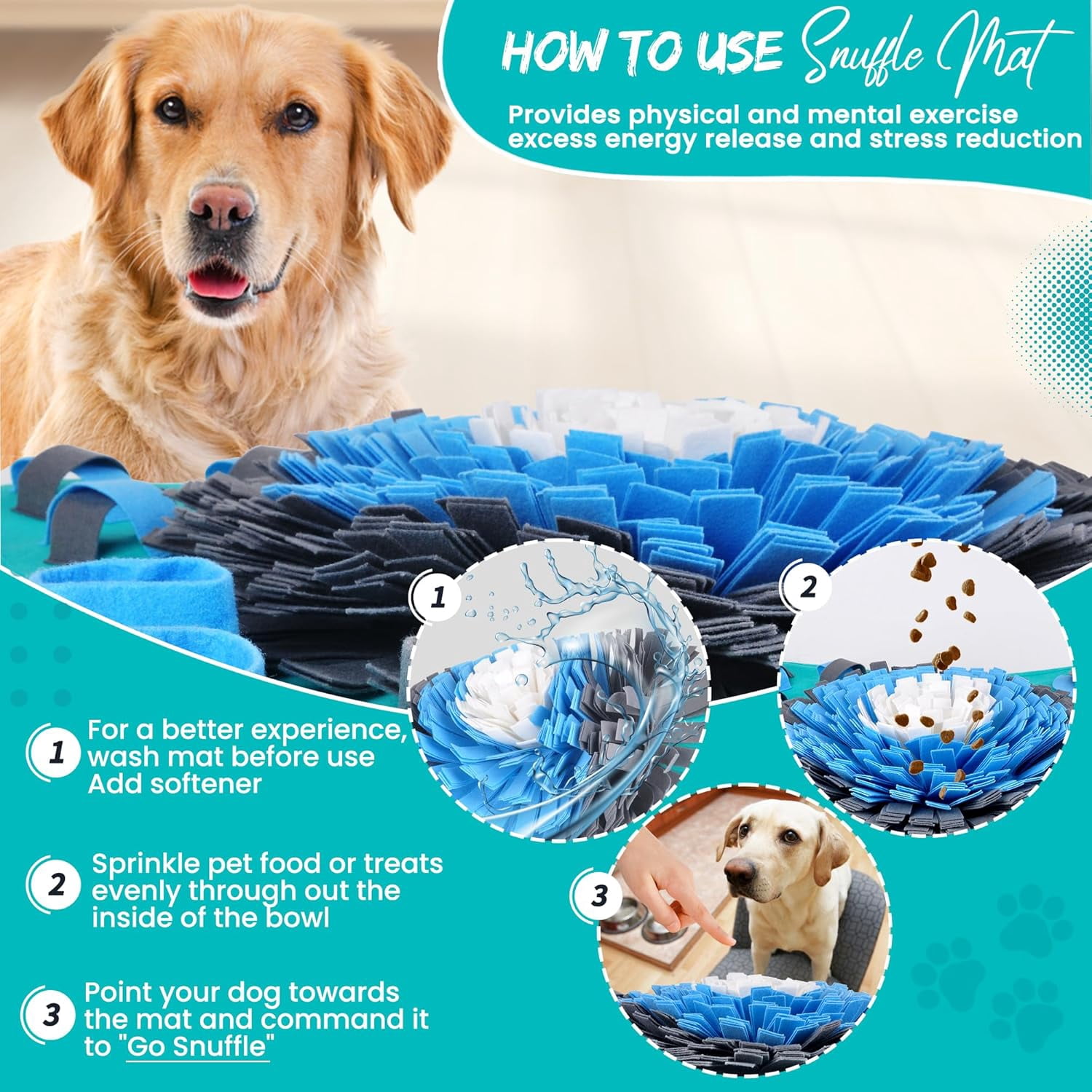 25" Dog Snuffle Mat - Interactive Dog Puzzle Toys for Enrichment - Large Slow Feeder Foraging Mat for Brain Games & Nosework Training - Washable Pet Sniff Mat with Easy to Carry Handle
