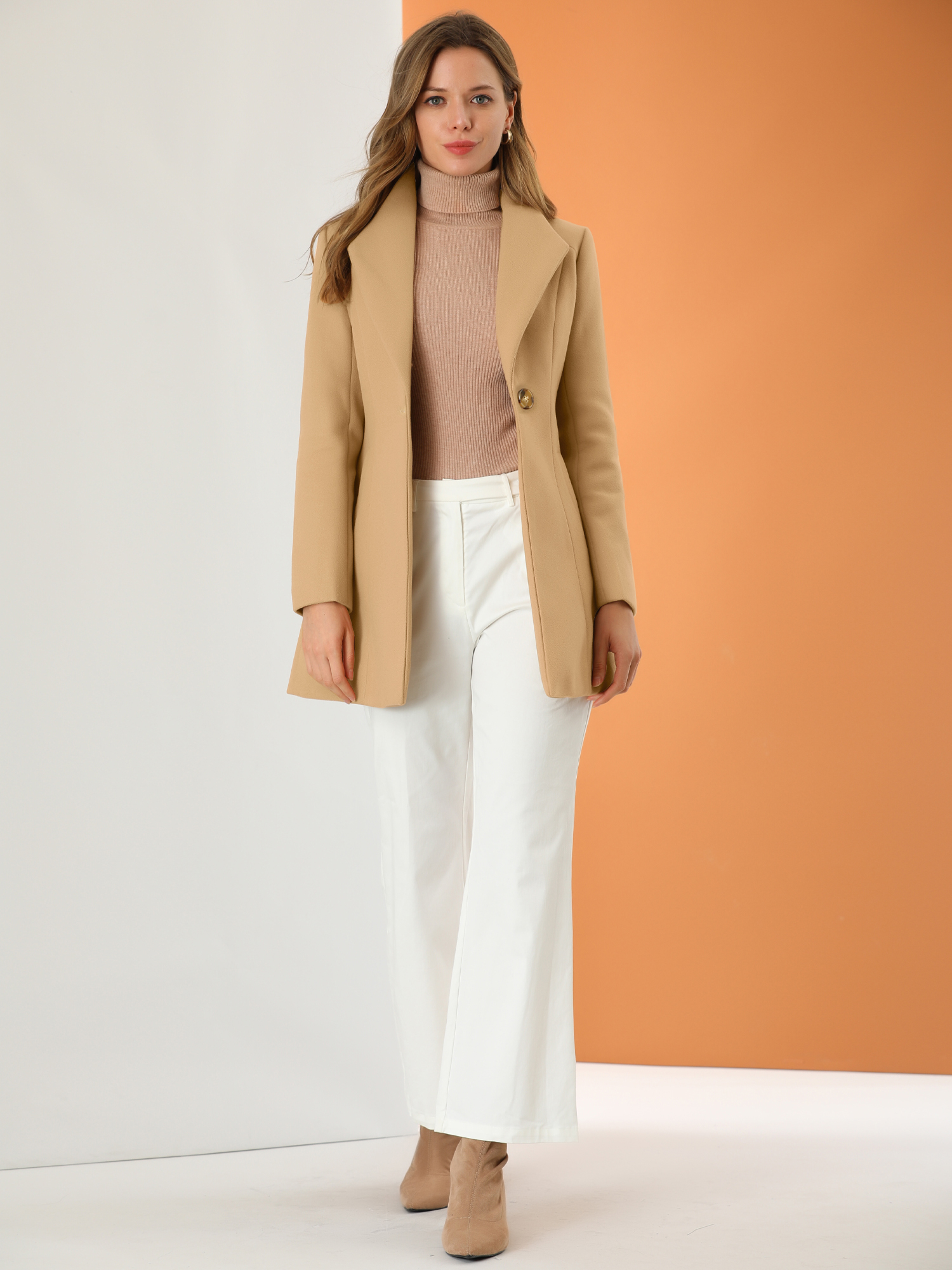 DARING DIVA Women's Turn Down Collar Buttoned Casual Mid-Long Winter Coat Khaki 3XL