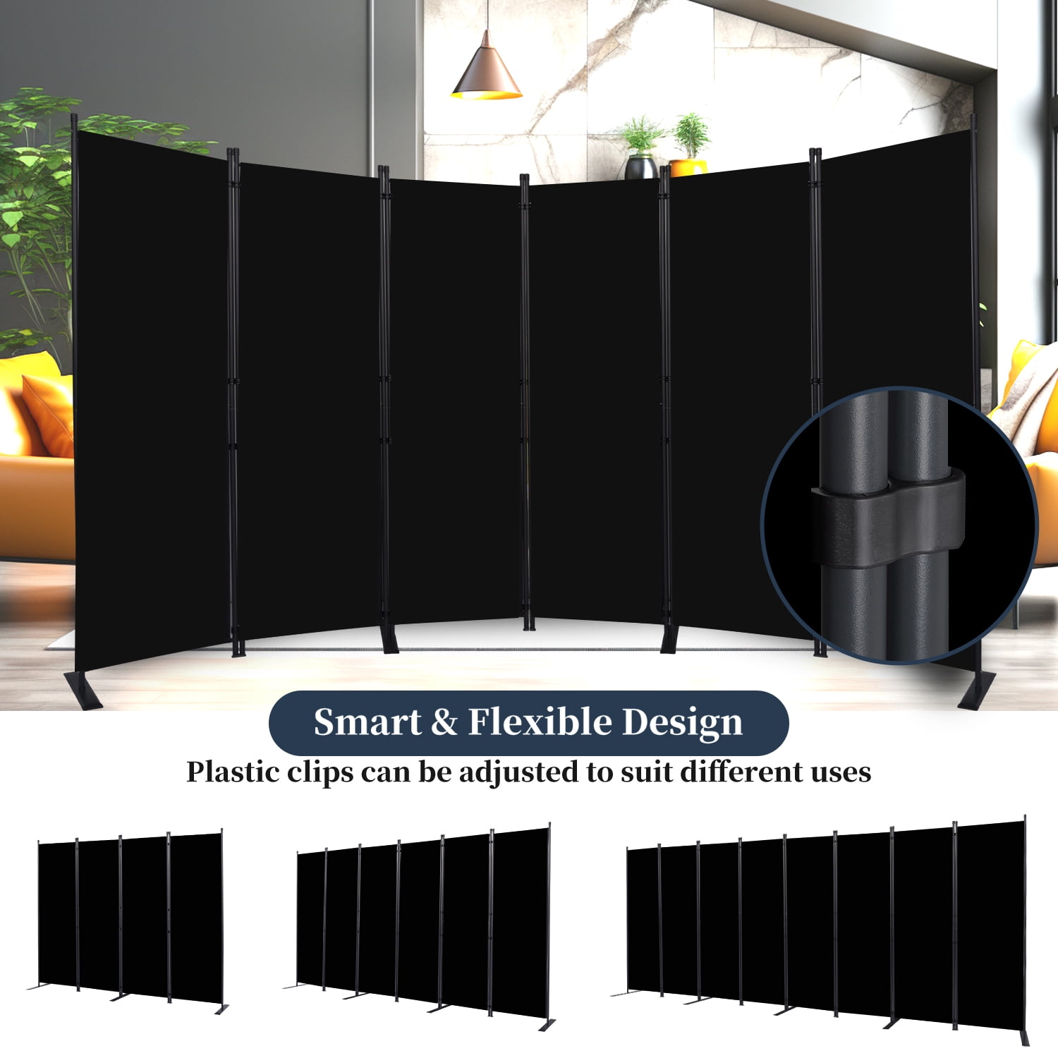 JVVMNJLK 6 Panel Partition Room Dividers 88" Room Divider Wall Screen, Black