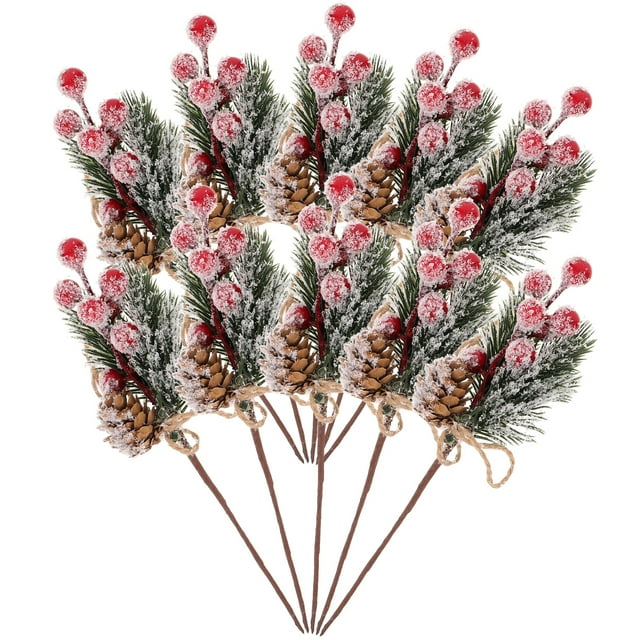 KAKOWELY 10 Pcs Petits Pics de Pin Artificiels Stimulation Aiguilles de Baies de Pin Ornements de Fleurs de Baies Rouges pour Arrangements Floraux de Noël Couronnes et Décorations de Fête, 7.48"X3.15"X0.39 Pouces
