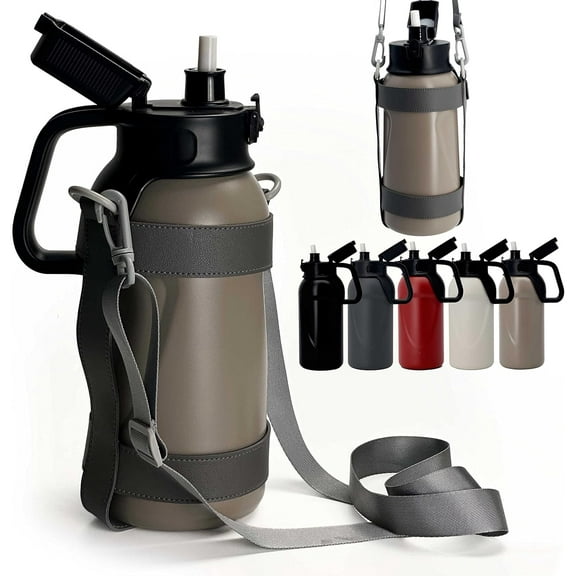 46oz 1.3L Double Wall Stainless Steel Vacuum Insulated Water Bottles with Straw and Adjustable Strap, Large Metal Canteen for Sport Gym Fitness Camping Outdoor Workout, Beer Growler Container