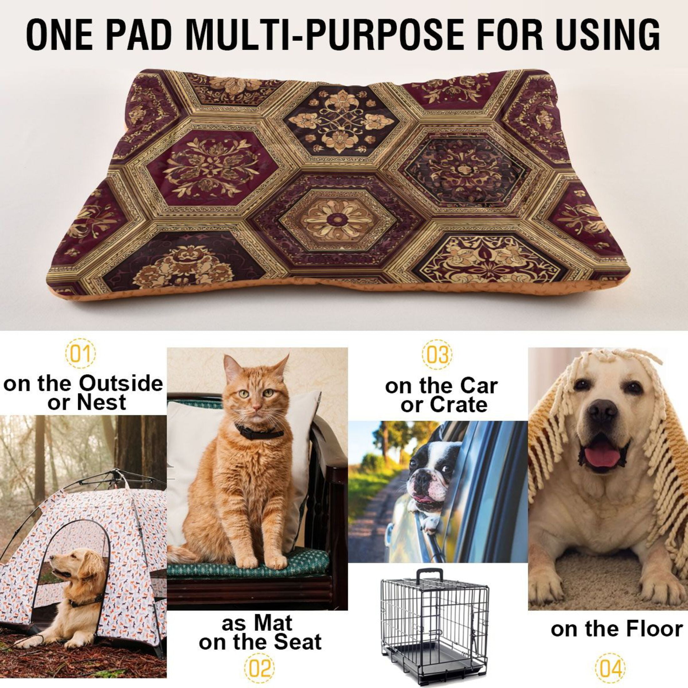 Cozy Mat Pet Bed Indoor Outdoor Warm Soft For Cat Dog Puppy(S/M) Hexagonal Shapes with Intricate Designs