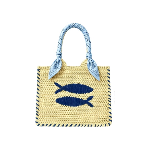 YuanGuangQ Ladies Mini Straw Handbag Natural Woven Beach Purse, Small Tote Bag with Lobster Embroidery Summer Raffia Shoulder Bag for Vacation Cruise, Bohemian Coastal Handbag for Daily Use