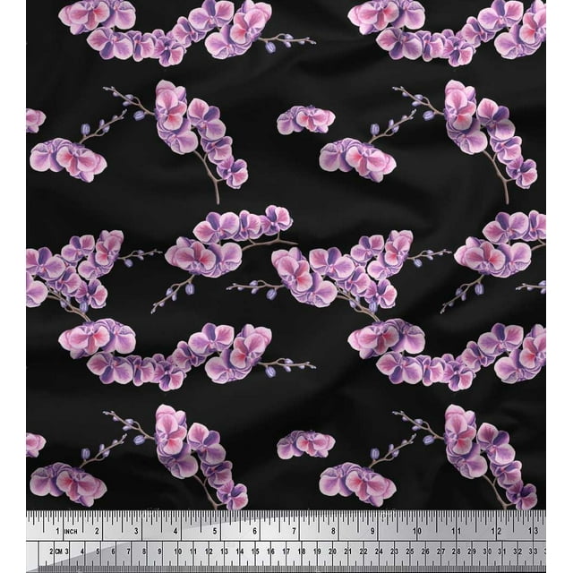 Soimoi Modal Satin Fabric Orchid Floral Printed Fabric 1 Yard 42 Inch Wide