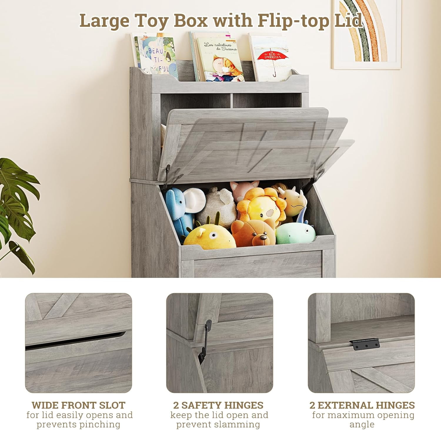 Kids Toy Storage Organizer with Flip-Top Lid & 2-Tier Bookshelf, Wooden Toy Chest and Bookcase for Playroom, Bedroom, Nursery, Grey