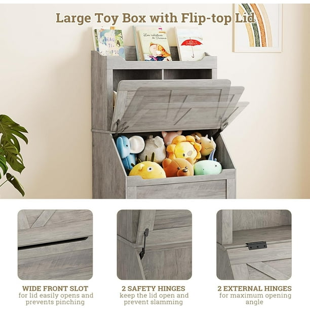Historyli Estantería de madera de 120 cm y organizador de juguetes con tapa abatible. Ideal para sala de juegos,dormitorio y guardería. Color gris.