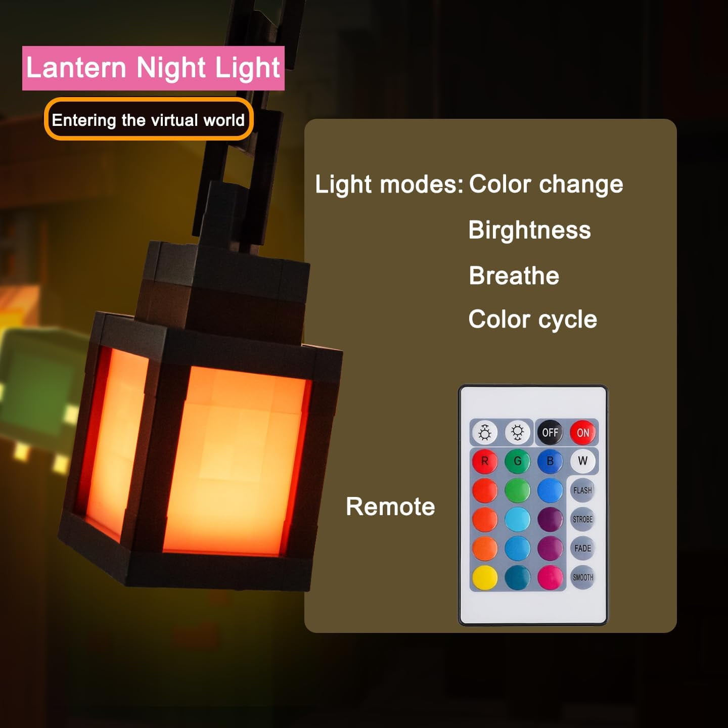 Pixelated Lantern Night Light, 2026 Xmas Gift LED 16 Colors Change Hanging Lantern Lamp from Minecraft - Rechargeable Wall Tabletop Night Lights for Gamer Boys Girls Man(x)
