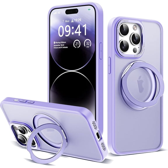Designed for iPhone 14 Pro Case with 360° Rotatable & Invisible Magnetic Ring Stand [Compatible with Magsafe] Military-Grade Translucent iPhone 14 Pro Phone Case 6.1", Purple