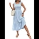 thumbnail image 1 of Vestido Bohemio de Verano para Mujer, con Rayas, Volantes, Tirantes Finos, Holgado, y Fruncido. Azul L, 1 of 10