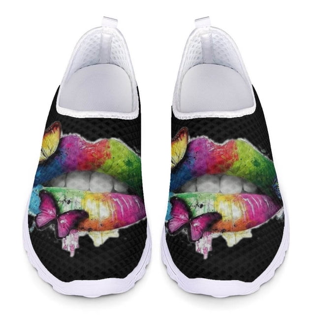 Zapatos casuales con estampado de labios y arte de moda para mujer, zapatillas de deporte de malla cómodas y ligeras de verano, zapatos planos sin cordones