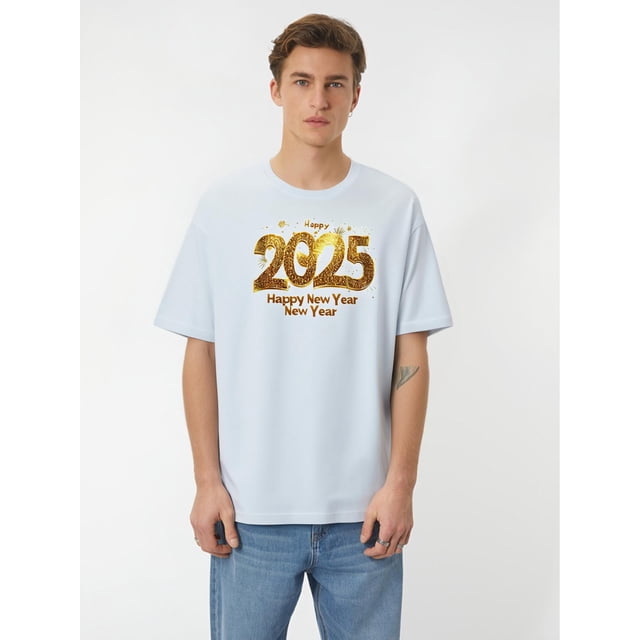 2025 Happy New Year Celebration Men's T-Shirt - Gradient & Fireworks Print, Casual Summer Tee with Crew Neck - Perfect Gift Idea