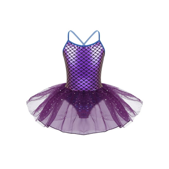 Aislor Girls Sequins Mermaid Costume Criss Cross Back Fishscale Leotard Tutu Ballet Dress Princess 3-10 Holographic Purple 8
