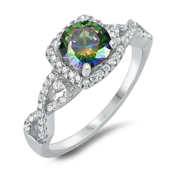 Round Rainbow Simulated Topaz Clear CZ Twisted Ring Sterling Silver Size 6