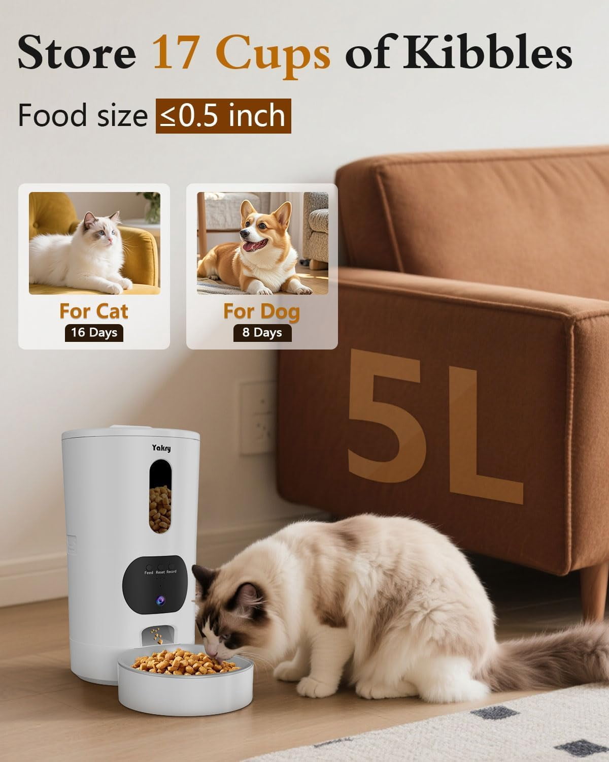 Automatic Cat Feeder with Camera - 5G WiFi App Control, 4L Stainless Steel Bowl, HD 1080P Night Vision for Small Pets