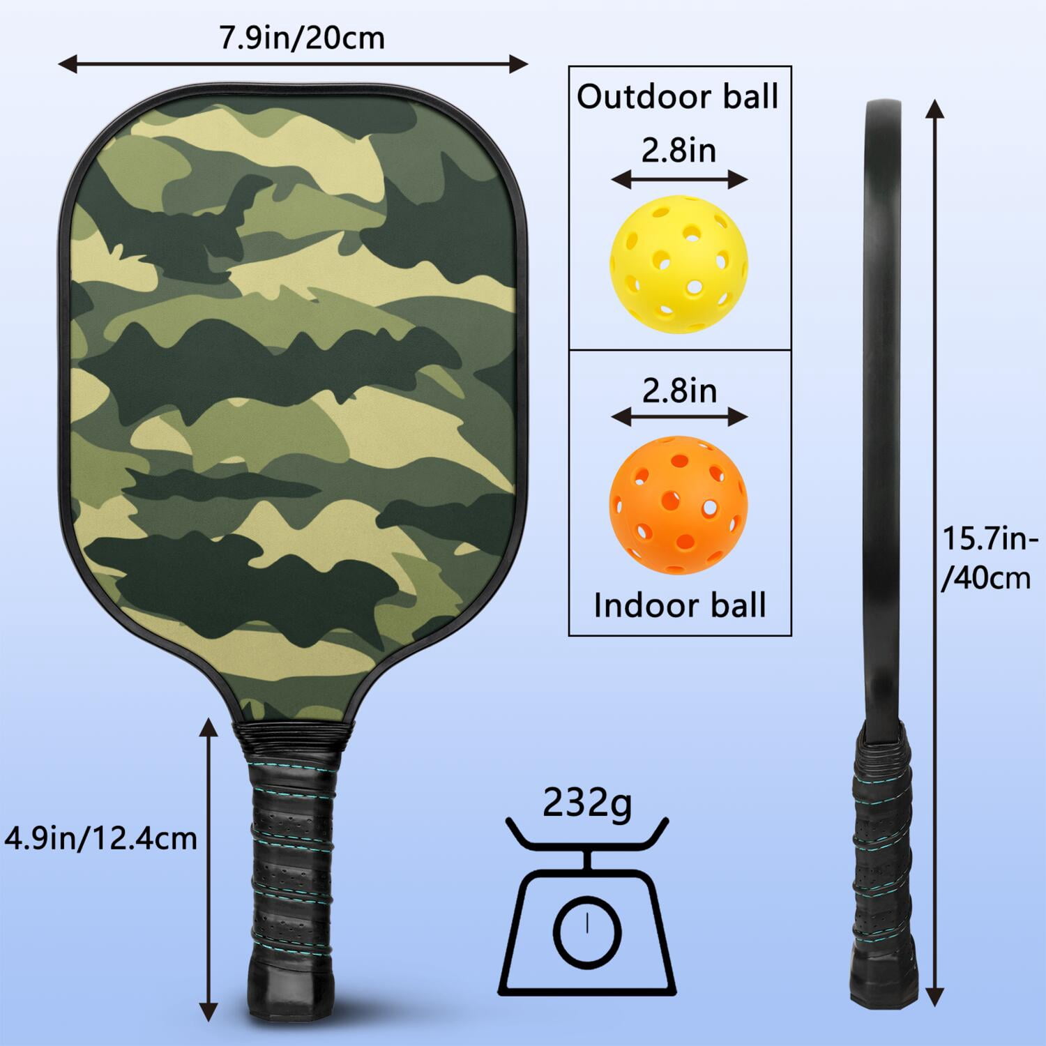 Pickleball Paddles Set Of 1, Fiberglass Surface, Camouflage Print, 1 Paddle, 2 Balls & Bag