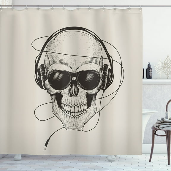 Ambesonne Music Shower Curtain, Retro Skull with Headphones, 69"Wx70"L, Charcoal Grey Eggshell