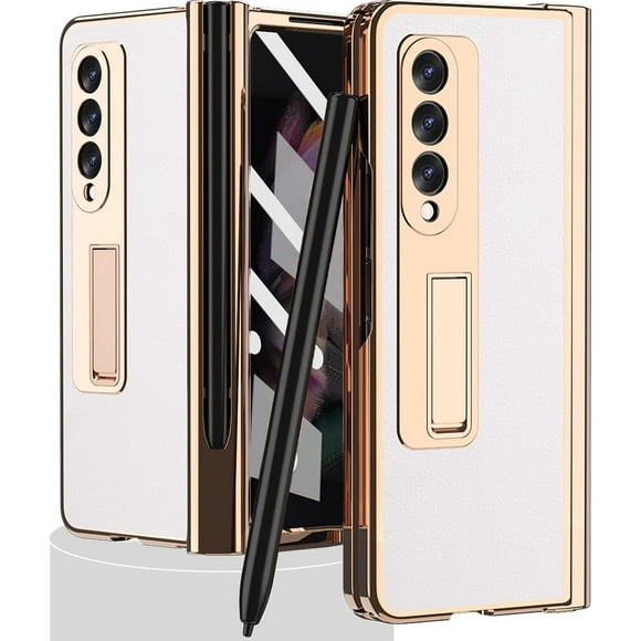 Miimall Compatible with Samsung Galaxy Z Fold 3 Case with S Pen Holder, Luxury Leather Plated PC with Screen Protector