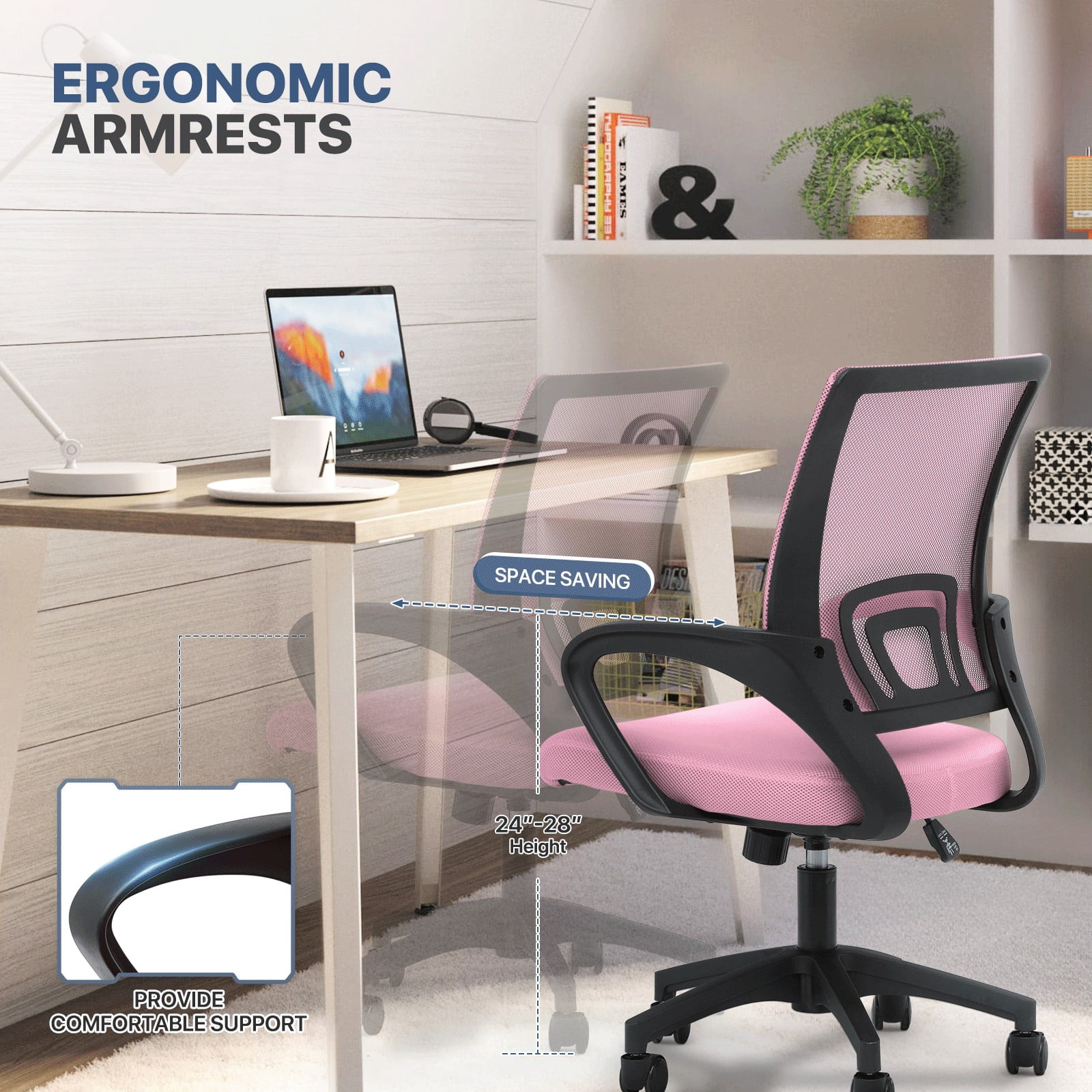 MoNiBloom Office Chair Mid Back Swivel Lumbar Support Desk Chair, Height Adjustable Ergonomic Mesh Computer Chair with Armrest, Pink