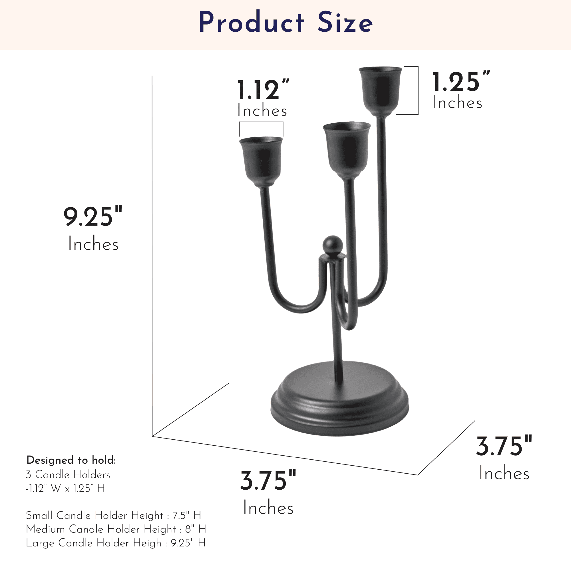 Home Decor Collection 3-Arm Black Metal Taper Candle Holder