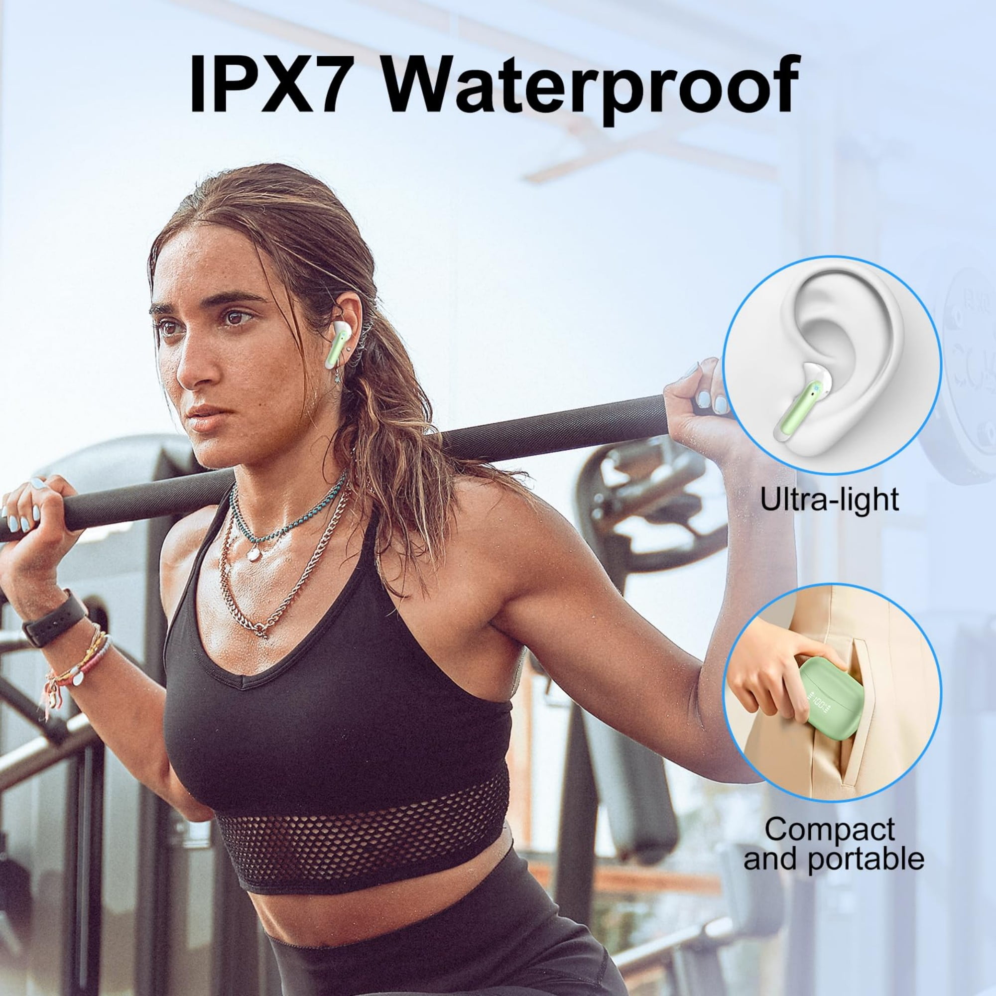WeurGhy Earbuds Wireless Bluetooth Noise Cancelling for iPhone Android Sports Workout, 56H Playtime Waterproof LED Display in Ear Headphones, Green thumbnail 8