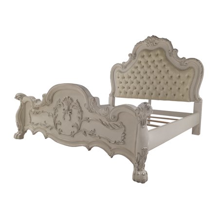 ACME Dresden Upholstered Tufted Bed with Nailhead Trim in Bone White