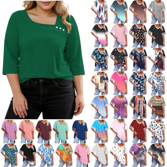 Summer Fashion Oversize Shirts for Womens V-neck Solid Color Five Minute Sleeves Oversized T-shirt Top