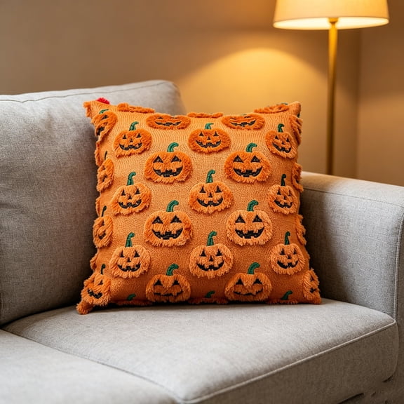 Mskk Halloween Throw Pillow Cover 18x18 Inch Pillowcase, Allover Jack-o'-lantern Orange Cushion Cover, Halloween Decoration Indoor Holiday Sofa Decor