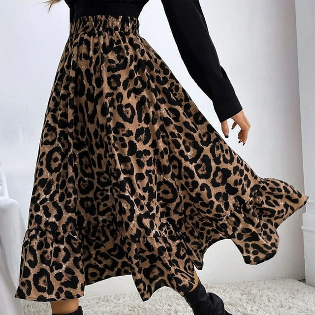Falda Midi De Cintura Alta Con Diseño De Volantes Y Estampado De Leopardo Falda Elástica Informal Elegante Para Mujer Para Uso Diario