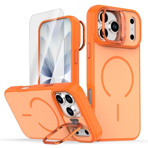 ELEHOLD Magnetic Case for iPhone 17 Pro, Shockproof Drop Protection Phone Case with Kickstand,Screen Protector Included,Orange