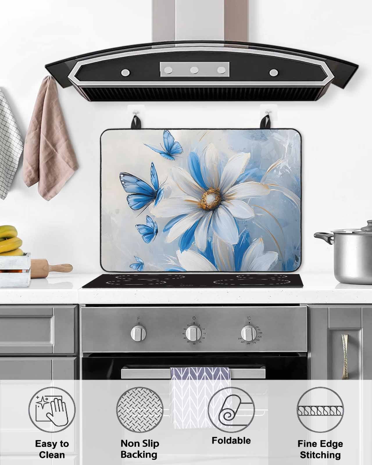 nqOlkjepod Large Induction Cooktop Protector Mat 24"x21", White Blue Flowers Stove Top Covers for Electric Stove, Pastoral Elegant Butterfly Floral Stove Burner Cover Mats, Glass Top Stove Cover