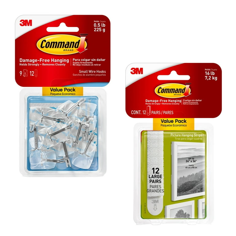 Command Small Wire Toggle Hooks, Clear, 9 Hooks and Command Large Picture  Hanging Strips, White, 12 Pairs