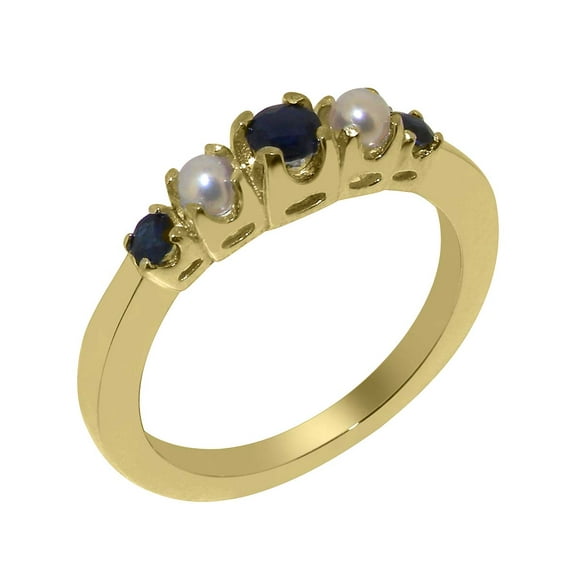 LBG British Made 18k Yellow Gold Natural Sapphire & Cultured Pearl Womens Anniversary Ring - 33 size options - Size 4.5
